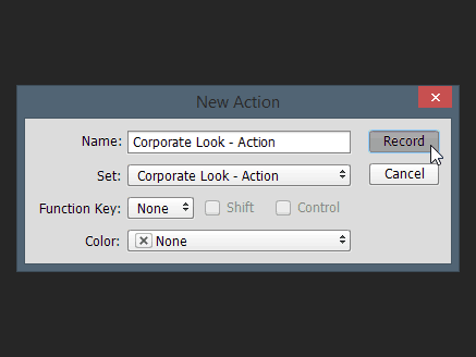 nuova finestra di dialogo di azione Nome Photoshop imposta il tasto funzione modifica colore record azione modifica batch