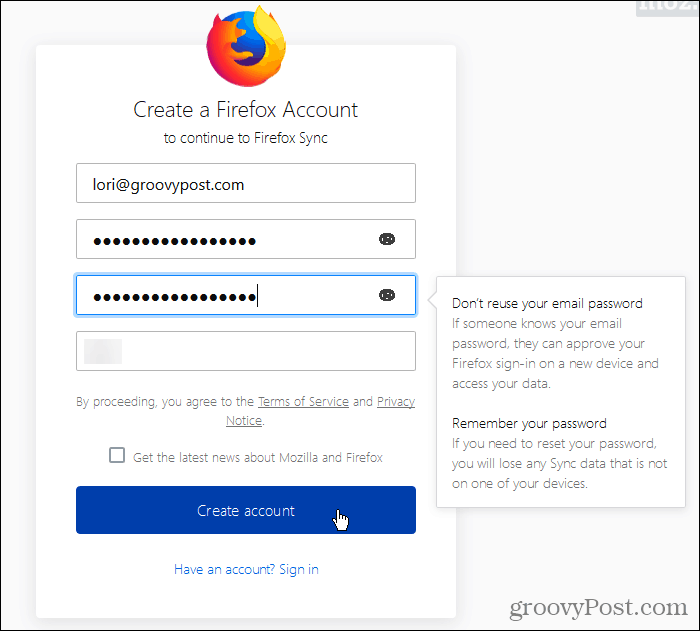 Crea un account di sincronizzazione di Firefox