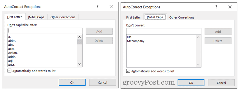 Eccezioni alla correzione automatica su Windows