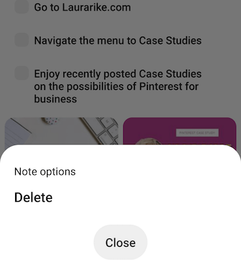 screenshot dell'opzione di menu nota della bacheca pinterest per eliminare la nota