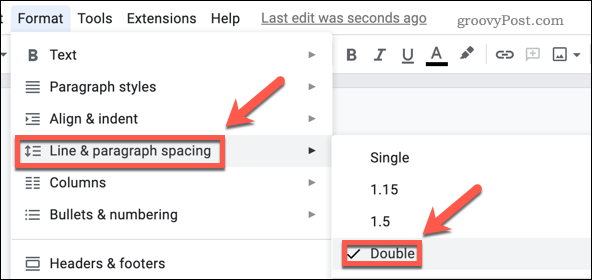 Impostazione della regola della doppia spaziatura in Google Docs