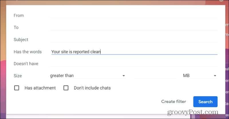 impostazione degli input del filtro gmail