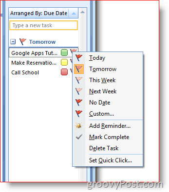 Barra delle cose da fare di Outlook 2007: fare clic con il pulsante destro del mouse su Flag per il menu Opzioni