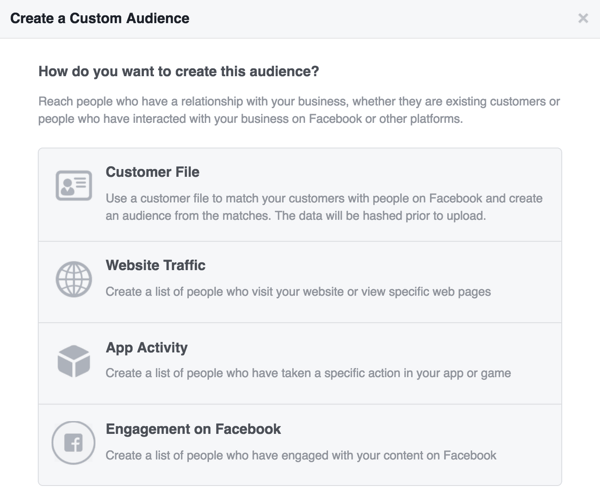 Scegli la fonte che desideri utilizzare per il tuo pubblico personalizzato di Facebook.