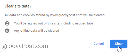 Cancella la finestra di dialogo di conferma dei dati del sito in Chrome