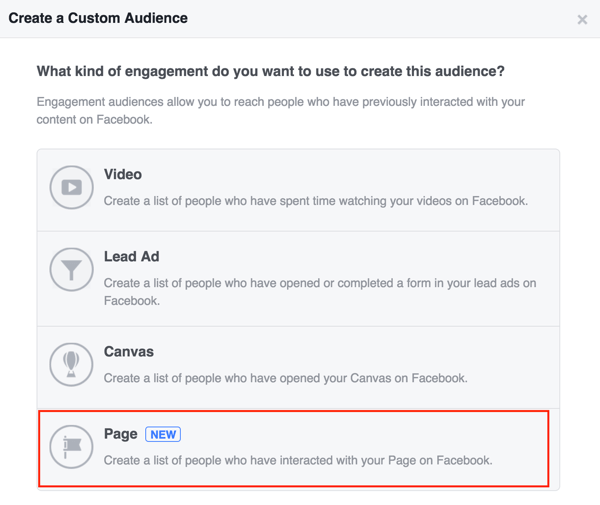 Scegli Pagina per creare il tuo pubblico personalizzato di Facebook.