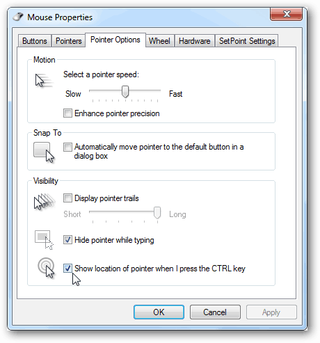 Come trovare facilmente il puntatore del mouse in Windows