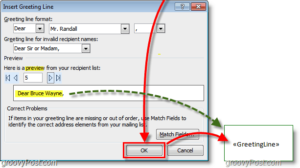 Schermata di Outlook 2010: lascia le opzioni della linea di saluto predefinite e fai clic su OK, viene visualizzata anche un'anteprima