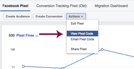 Fai clic su Visualizza codice pixel per accedere al tuo pixel di Facebook univoco.