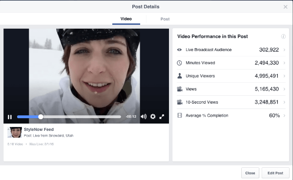 metriche video live di Facebook