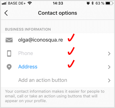 aggiungi le informazioni di contatto per un account aziendale Instagram