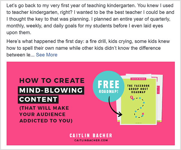 Un post di Facebook di Caitlin Bacher che mostra un'offerta per la sua roadmap del gruppo Facebook gratuita. L'immagine dell'offerta ha per lo più testo nero su sfondo rosa. Il testo Roadmap libera appare in un cerchio azzurro e punta a una copertina della roadmap.