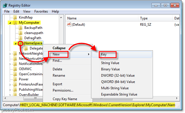 aggiungere una nuova sottochiave alla chiave NameSpace in Windows 7