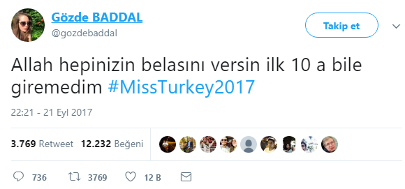 Maledizione Gözde Baddal del concorrente Miss Turchia