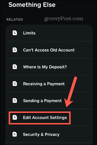 l'app in contanti modifica le impostazioni dell'account