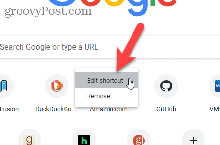 Seleziona Modifica scorciatoia nella pagina Nuova scheda di Chrome