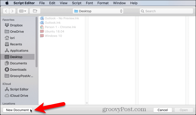 Apri un nuovo documento in Script Editor su Mac