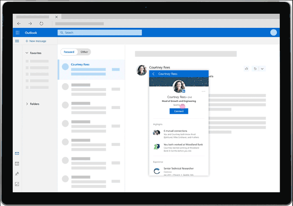 LinkedIn ora fornirà informazioni dettagliate come immagini del profilo, cronologia lavorativa e altro ancora direttamente dalla posta in arrivo personale dell'utente di Outlook.com.
