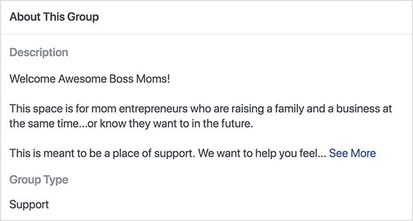 Questo è uno screenshot della descrizione per il gruppo Facebook Boss Moms ospitato da Dana Malstaff. La descrizione è testo nero su sfondo bianco. La prima riga dice "Benvenute fantastiche mamme capo!". La seconda riga dice "Questo spazio è per le mamme imprenditrici che stanno crescendo una famiglia e un
