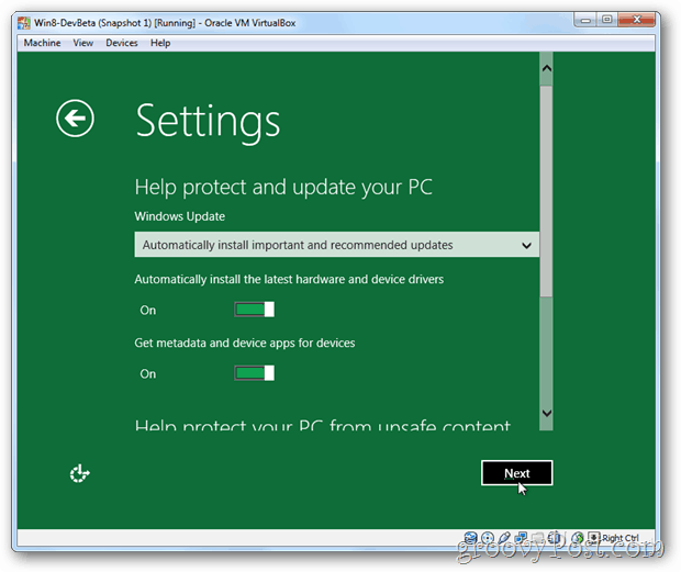 Impostazioni e aggiornamento di VirtualBox Windows 8