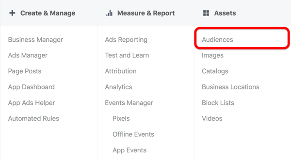 Opzione per selezionare Segmenti di pubblico in Risorse nel menu principale di Facebook Ads Manager.