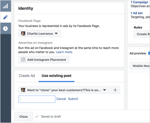Seleziona Usa post esistente e inserisci l'ID del post di Facebook.