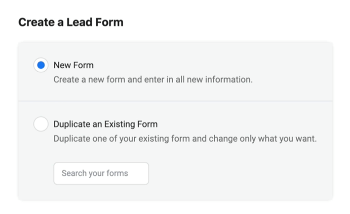 Gli annunci lead di Facebook creano un nuovo modulo per i lead con la nuova opzione di modulo selezionata