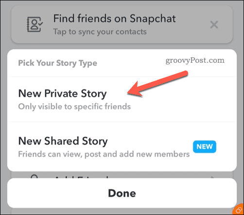 Crea una nuova storia privata su Snapchat