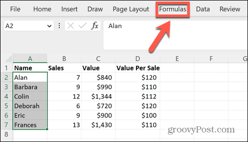 menu formule excel