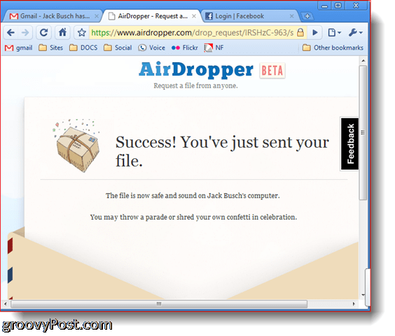 File di successo dello screenshot della foto di Dropbox Airdropper inviato