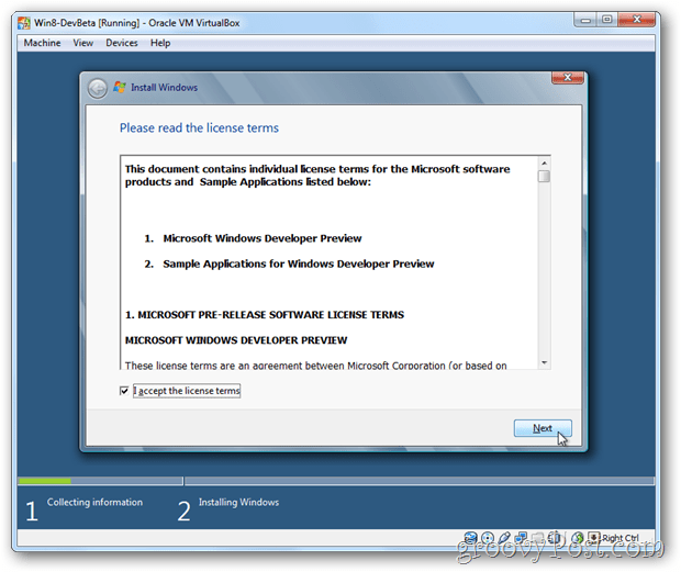VirtualBox Windows 8 eula accetta la licenza