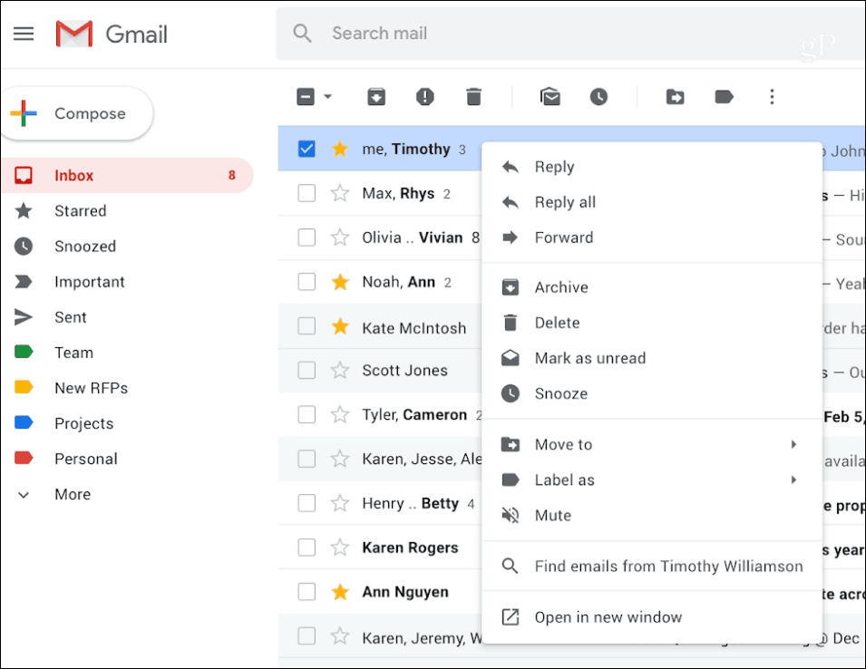 Menu contestuale di clic destro di Gmail