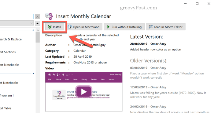 Programma di installazione macro onetastic in OneNote