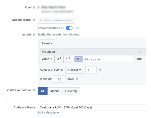 Puoi creare un pubblico personalizzato di clienti su Facebook con un AOV più elevato.