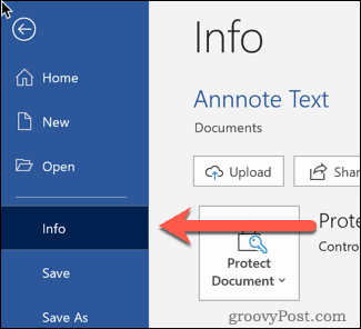 Il pulsante informazioni in Word