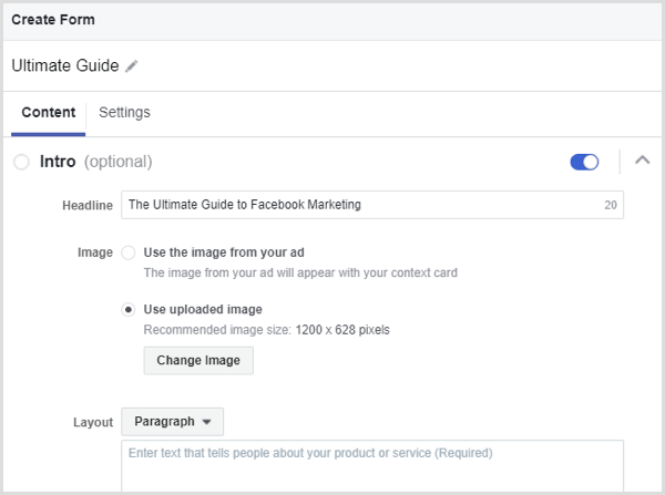 Modulo di creazione di annunci principali di Facebook