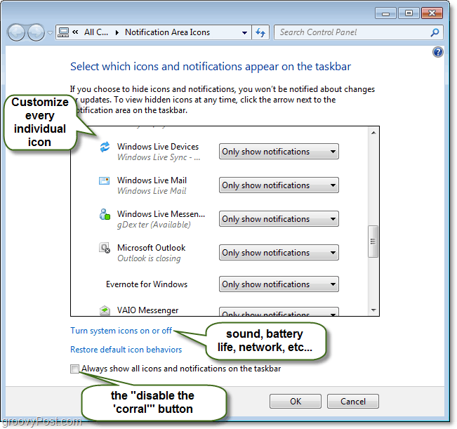 personalizza il pannello di controllo delle notifiche sulla barra delle applicazioni di Windows 7