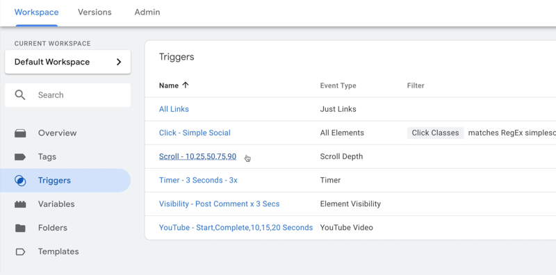 esempio di area di lavoro dashboard di Google Tag Manager con trigger selezionati e diversi trigger di esempio mostrati con il tipo di evento e qualsiasi filtro annotato