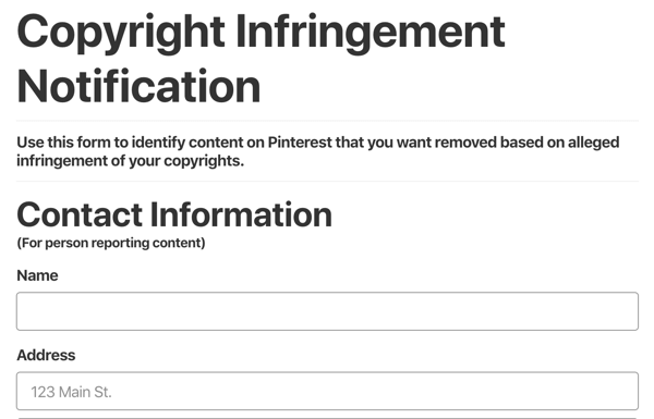 modulo di notifica di violazione del copyright di pinterest