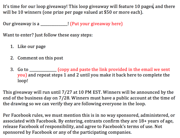 istruzioni di giveaway del ciclo di facebook