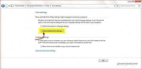 Ripristina i caratteri di Windows 7 alle impostazioni predefinite