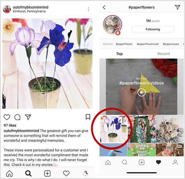 esempio di post di Instagram che viene visualizzato per primo nei risultati di ricerca per un hashtag specifico
