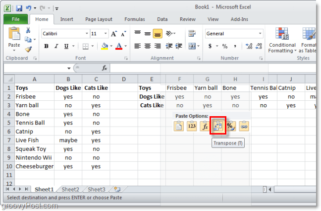 incolla in Excel usando transpose