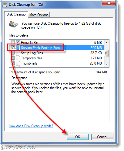 pulizia del file di backup del service pack in Windows 7