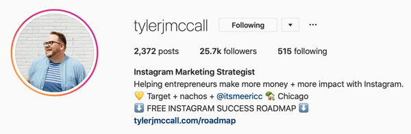 Esempio di foto del profilo aziendale di Instagram e informazioni biografiche di @tylerjmccall.