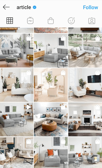 screenshot di esempio del feed Instagram @article che mostra i loro mobili moderni caratterizzati da molta luce naturale e uno stile di filtro che incorpora il blu