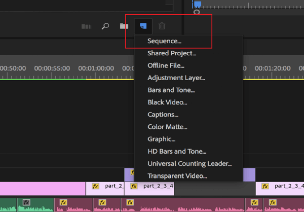 Opzione per modificare una sequenza in Adobe Premier Pro.
