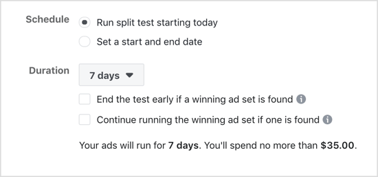 Seleziona l'opzione Esegui test diviso a partire da oggi per il test diviso di Facebook.
