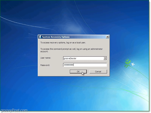 inserisci il nome utente e la password per il ripristino del sistema di Windows 7