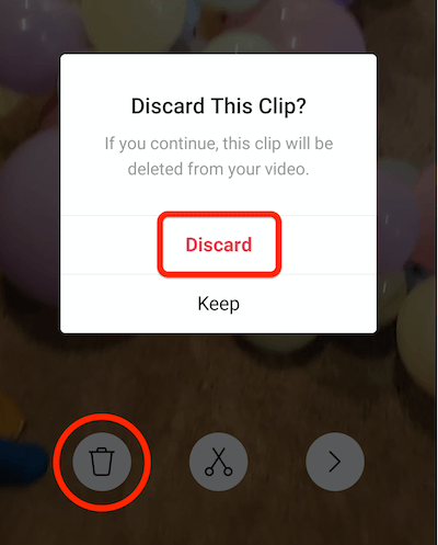 opzione del menu cestino per eliminare una clip dalla bobina di Instagram